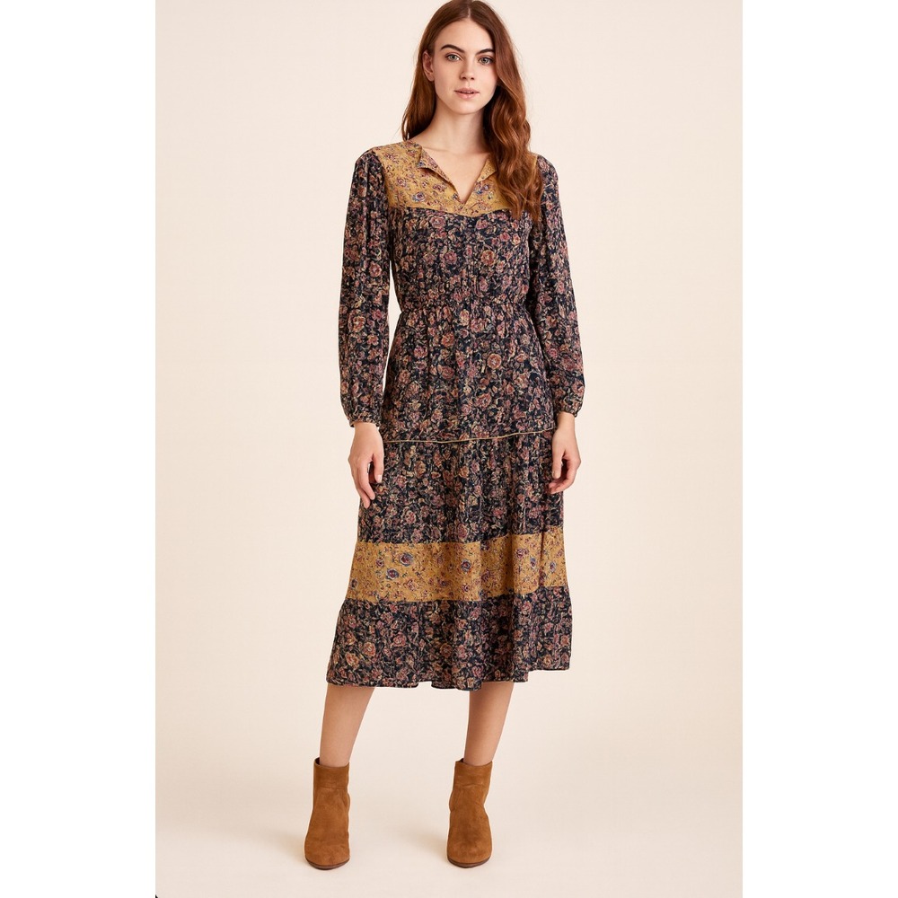 Roolee Maxi Hippie Boho Prairie Dress Womens M Yellow Blue Fall Floral Polyester